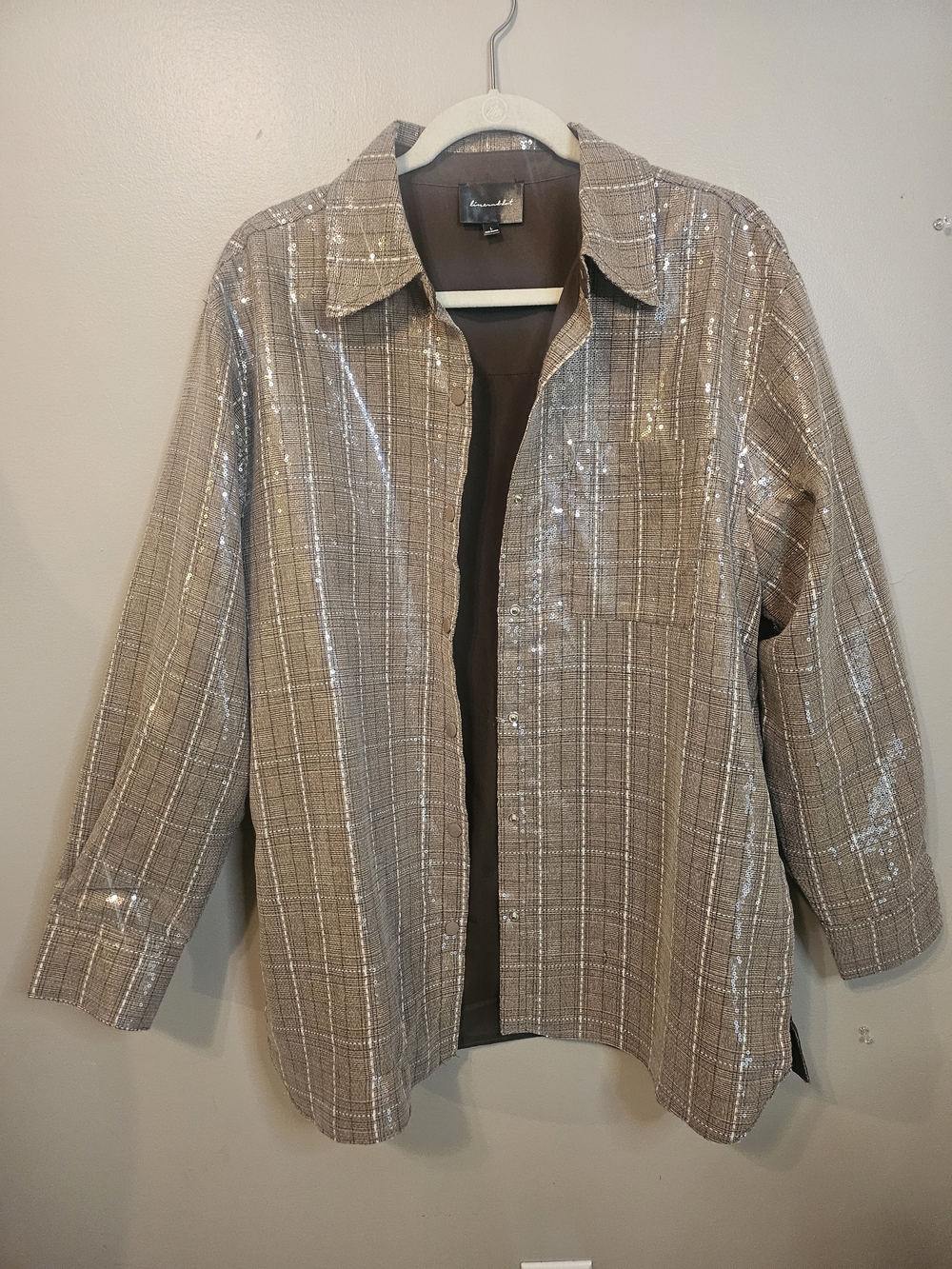 Line And Dot Sequin Plaid Shacket - Taupe Sparkle